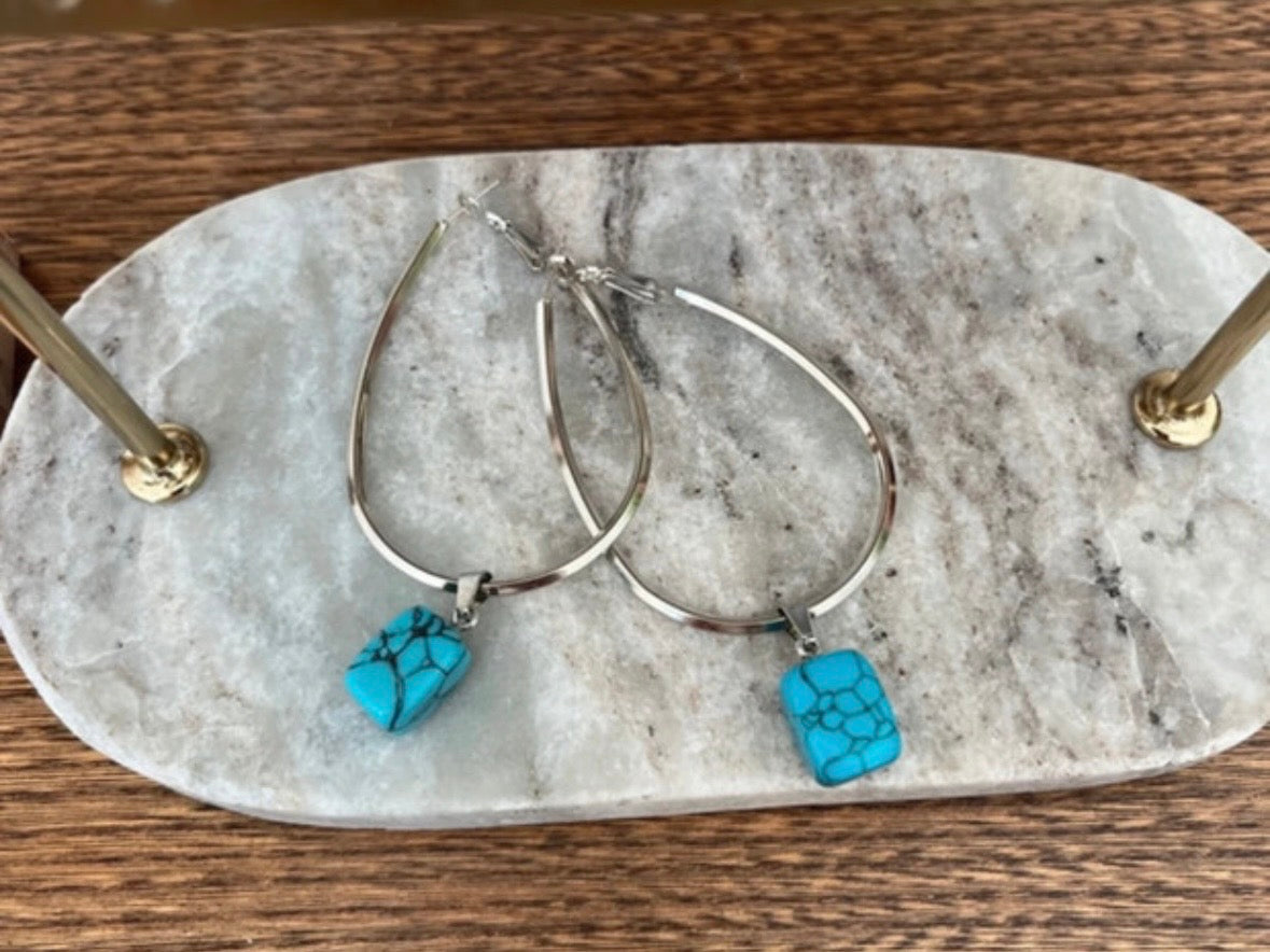 Parure Turquoise Naturelle 5 Pièces | Collier Goutte + Collier Perles + Créoles + Bracelet | Acier Inoxydable
