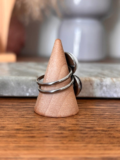 Bague Double Cabochon Jade Blanc & Améthyste – Argent Ajustable Inoxydable