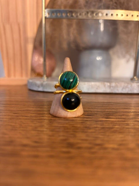 Bague Double Dorée Ajustable – Obsidienne Noire & Malachite | Acier 316L