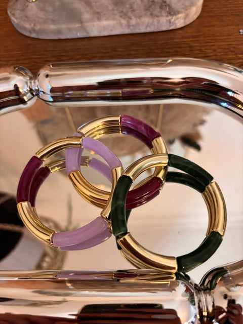 Trio de Bracelets Élastiques Bohème – Perles Tubes Incurvées Lilas, Violet & Vert Doré