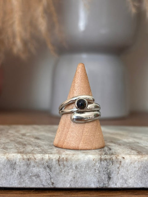 Bague Opale Noire Éthiopienne | Argent Inoxydable Ajustable | 0,22 ct Certifiée