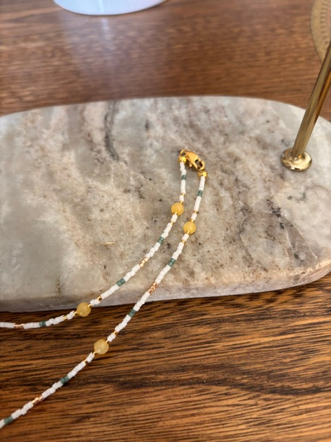 Collier Soleil Nomade | Perles Miyuki, Toho & Jade Marbre Jaune | Acier Inoxydable Doré | 43 cm | Fait Main France