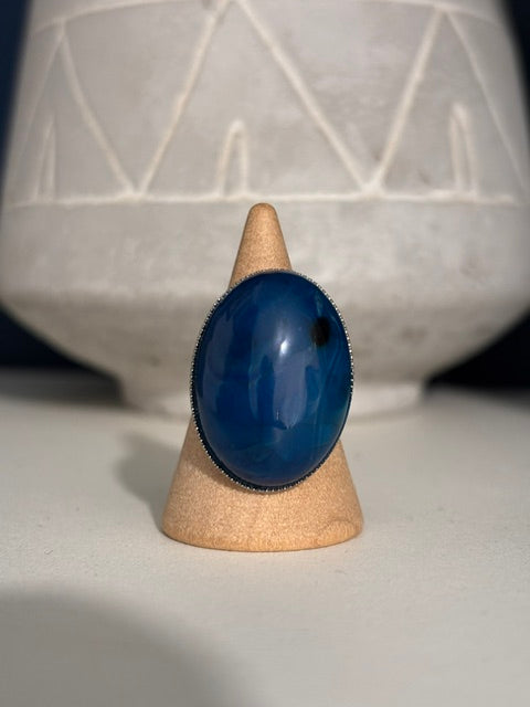 Bague Agate Veine de Dragon Bleue Argentée Ajustable | PAPD