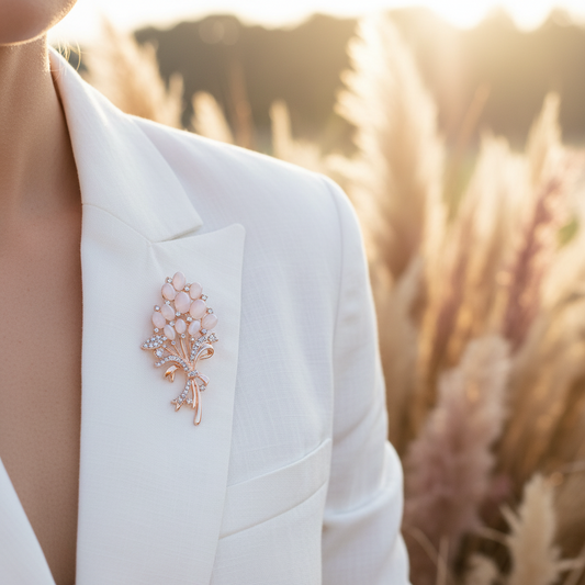 Broche florale pastel rosé et argent sur veste blanche, motif bouquet avec pierres