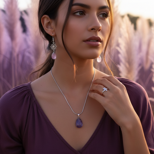 Parure Artisanale Quartz Rose & Améthyste 4 Pièces | Collier, Boucles & Bague | Acier Inoxydable | Coffret Cadeau Romantique Femme Fait Main France