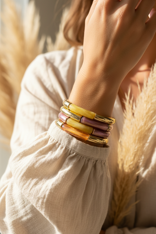 Trio Bracelets Élastiques Tubes Incurvés – Orange, Violet & Jaune Doré | À Superposer | 18 cm | Fait Main France livraison gratuite