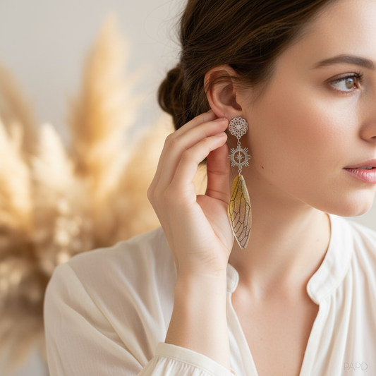 Boucles d’oreilles pendantes soleil filigrané, aile jaune et acier inoxydable