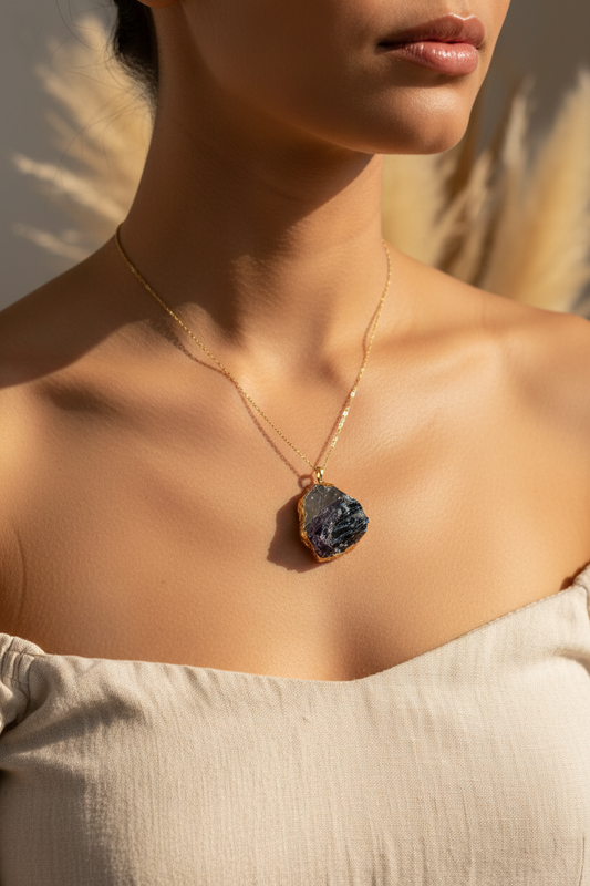 Collier avec pendentif quartz brut sombre et chaîne dorée à maillons