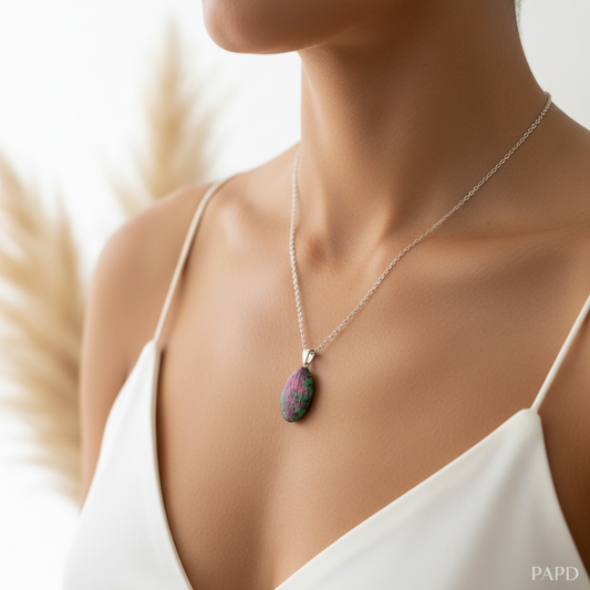 Collier zoïsite naturelle rose et verte porté, chaîne argentée élégante. Croissance personnelle, épanouissement – PAPD.