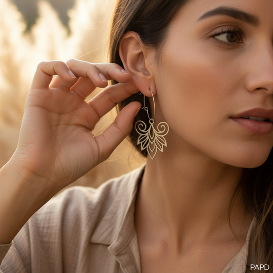 Boucle d’oreille créole argentée avec breloque fleur filigranée, portée sur l’oreille