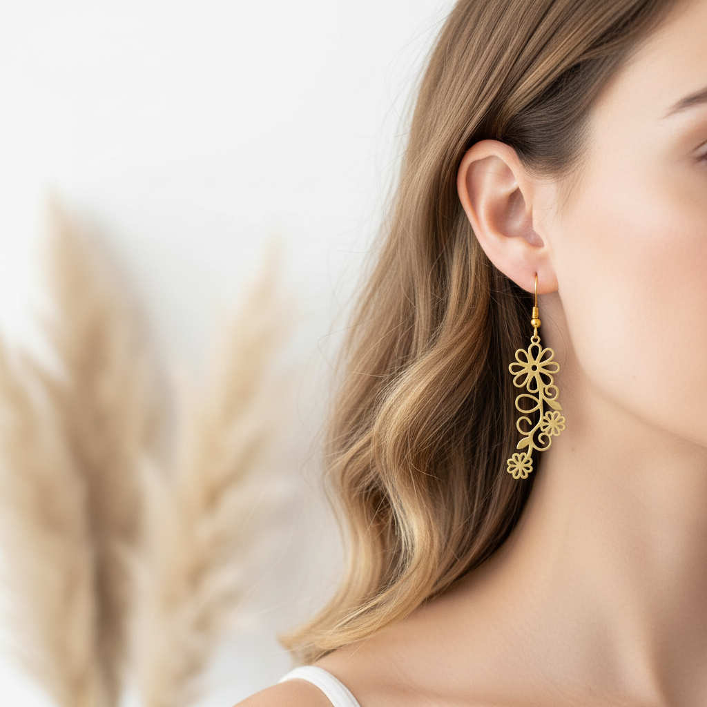 Boucle d’oreille pendante floral filigrane, motif fleurs découpées, dorée