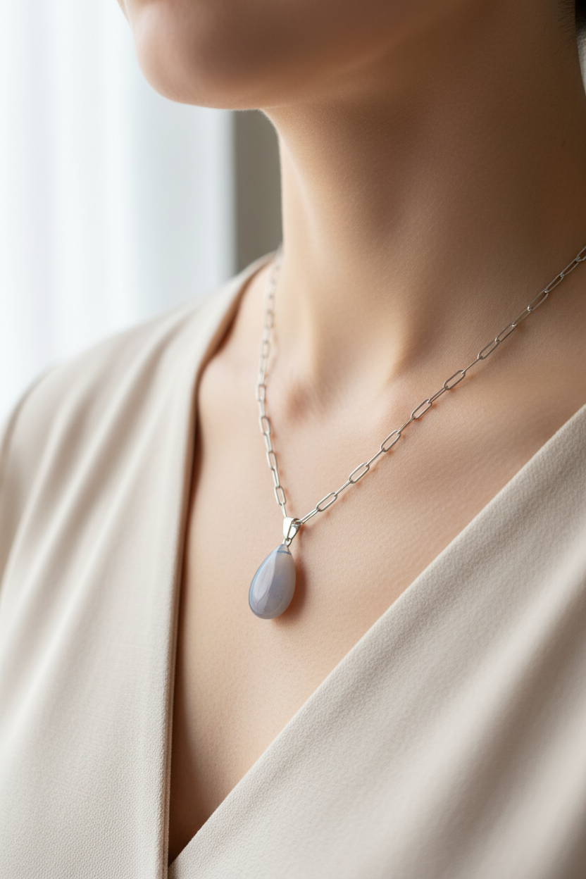 Collier avec pendentif goutte en pierre de Lune naturelle grise et gris perle porté sur un cou féminin, chaîne gourmette argentée de 45 cm avec extension de 5 cm