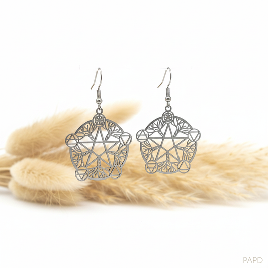 Boucles d'oreilles pentagramme Wicca filigrane acier inoxydable argenté, bijou artisanal bohème PAPD. Livraison gratuite. PAPD