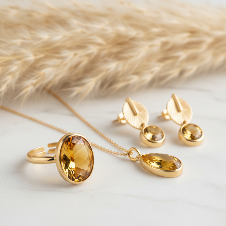 Bijoux citrine naturelle jaune doré faits main en France — abondance joie solaire acier 316L PVD PAPD