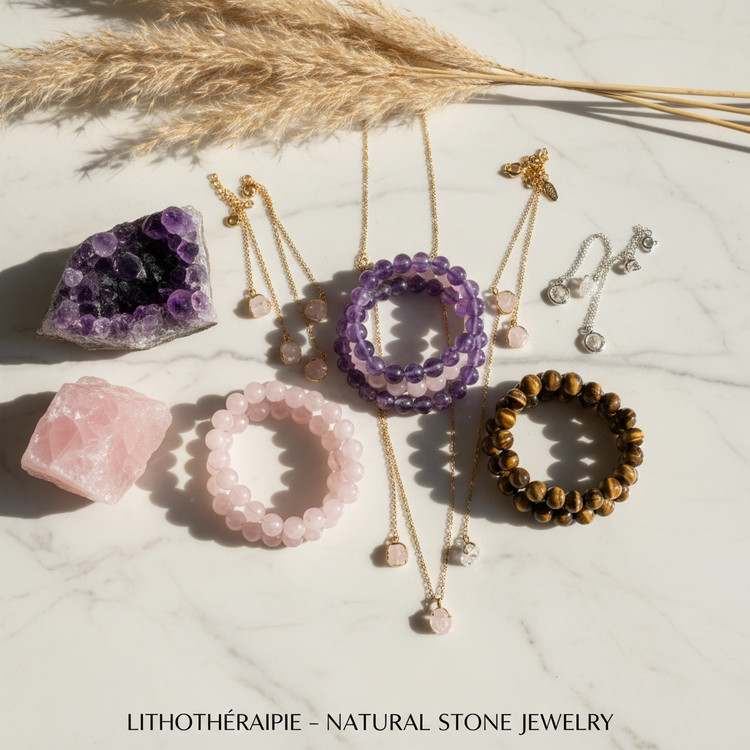 Collection de bijoux en pierres naturelles de lithothérapie faits main en France - améthyste, quartz rose, œil de tigre, lapis lazuli, aventurine, obsidienne