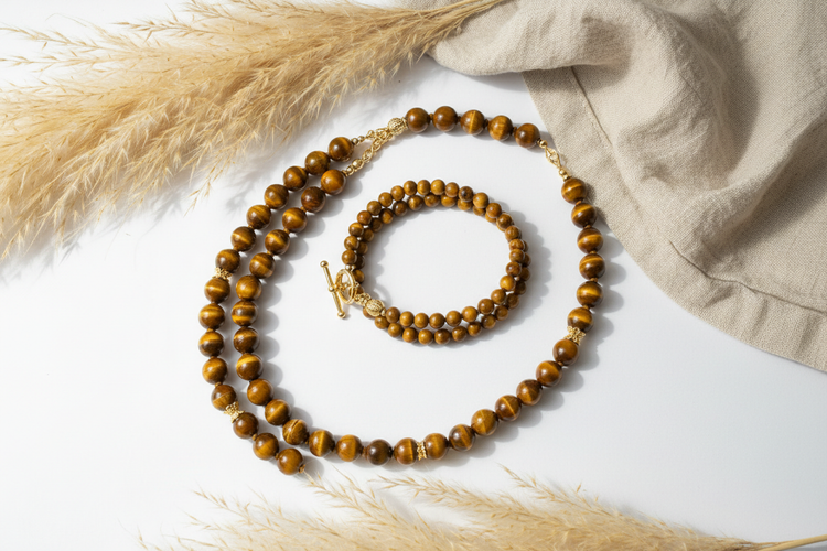 Bijoux œil de tigre pierre naturelle dorée – collier et bracelet perles brun doré chatoyantes, livraison gratuite, fait main en France PAPD