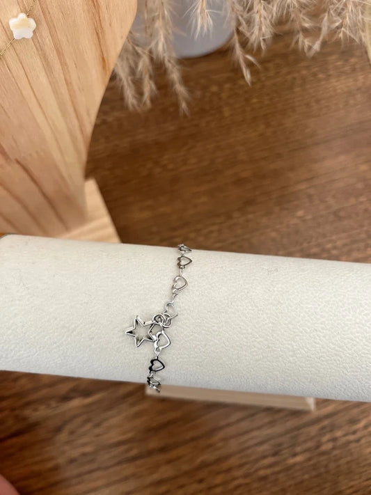 Bracelet Chaîne Cœur Argentée Charm Étoile | Acier Inoxydable | Élégant Romantique Ajustable 17 cm