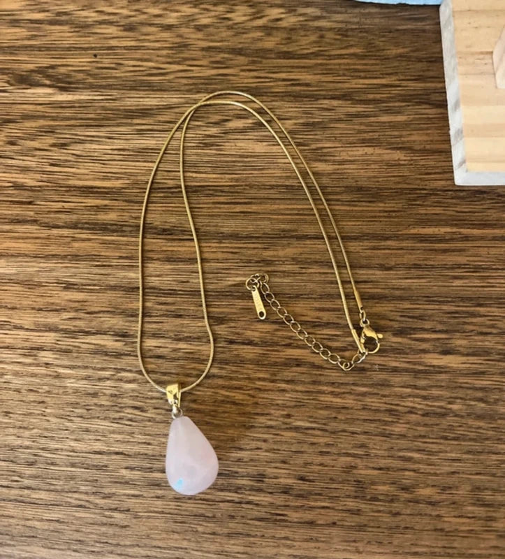Collier Quartz Rose Goutte Pierre Naturelle | Chaîne Serpent Argentée | Pierre d'Amour Sérénité 40 cm