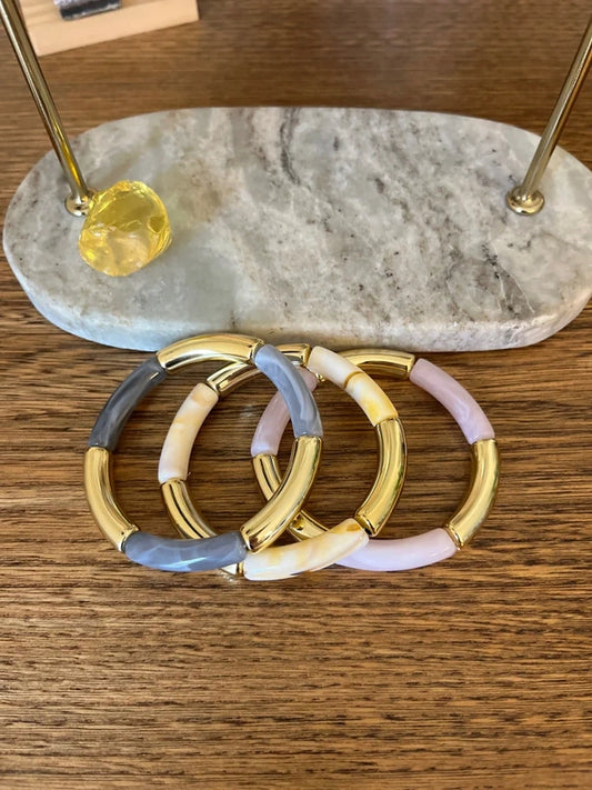 Trio Bracelets Élastiques Perles Allongées Imprimé Nuage À Superposer | Pastel Rose Orange Doré | 18 cm