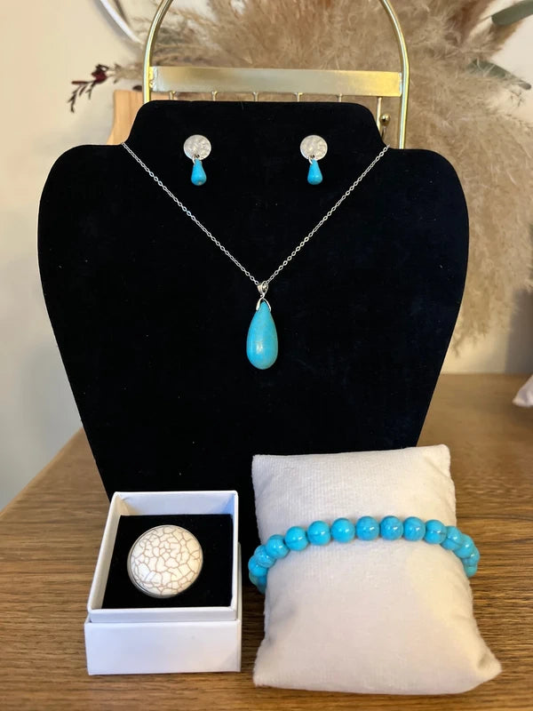 Parure 4 Pièces Turquoise Pierre Naturelle | Collier + Bracelet + Bague + BO | Argent 925 & Acier Inoxydable