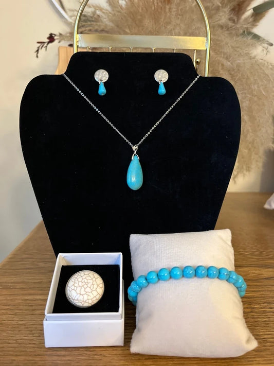 Parure 4 Pièces Turquoise Pierre Naturelle | Collier + Bracelet + Bague + BO | Argent 925 & Acier Inoxydable