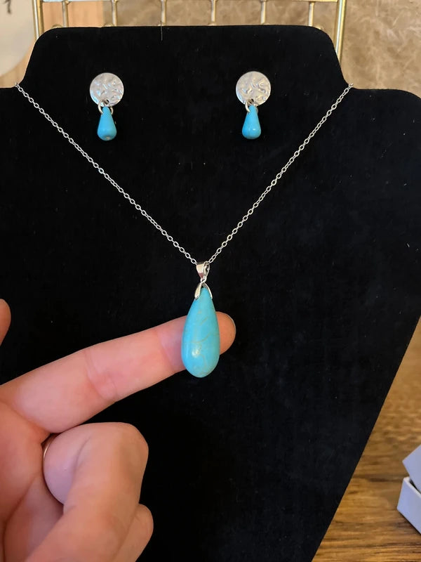 Parure 4 Pièces Turquoise Pierre Naturelle | Collier + Bracelet + Bague + BO | Argent 925 & Acier Inoxydable