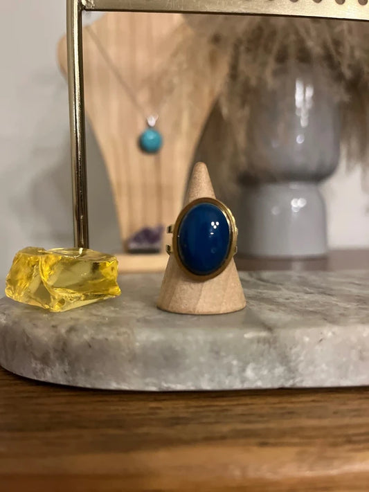 Bague Dorée Ajustable Pierre Ambre Bleue Naturelle | Anti-Anxiété Concentration Sommeil | Acier Inoxydable