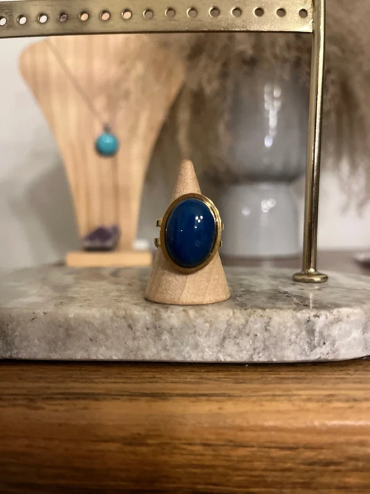 Bague Dorée Ajustable Pierre Ambre Bleue Naturelle | Anti-Anxiété Concentration Sommeil | Acier Inoxydable