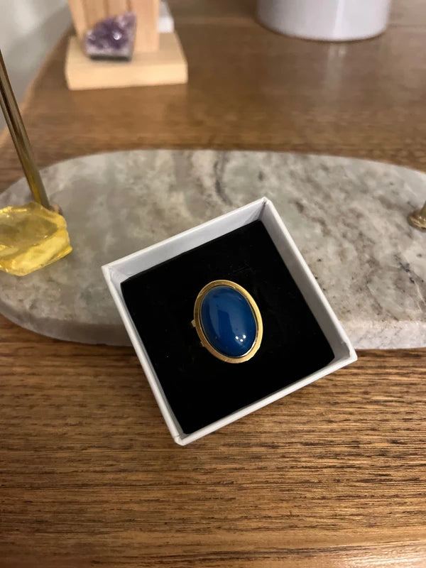 Bague Dorée Ajustable Pierre Ambre Bleue Naturelle | Anti-Anxiété Concentration Sommeil | Acier Inoxydable