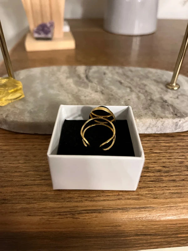 Bague Dorée Ajustable Pierre Ambre Bleue Naturelle | Anti-Anxiété Concentration Sommeil | Acier Inoxydable