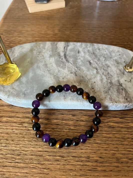 Bracelet 4 Pierres Protectrices AAA | Obsidienne Améthyste Œil de Tigre Quartz Fumé | Lithothérapie