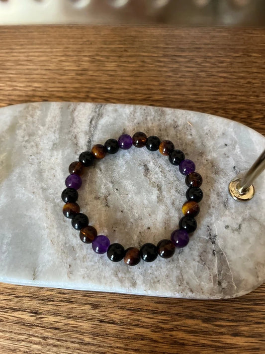 Bracelet 4 Pierres Protectrices AAA | Obsidienne Améthyste Œil de Tigre Quartz Fumé | Lithothérapie