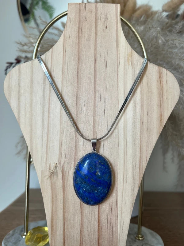 Collier Lapis Lazuli 5A Cabochon 30x40 mm Chaîne Serpent Argentée | Grosse Pierre Premium | 40 cm