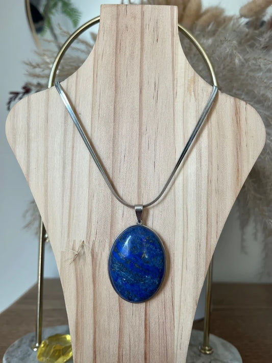 Collier Lapis Lazuli 5A Cabochon 30x40 mm Chaîne Serpent Argentée | Grosse Pierre Premium | 40 cm