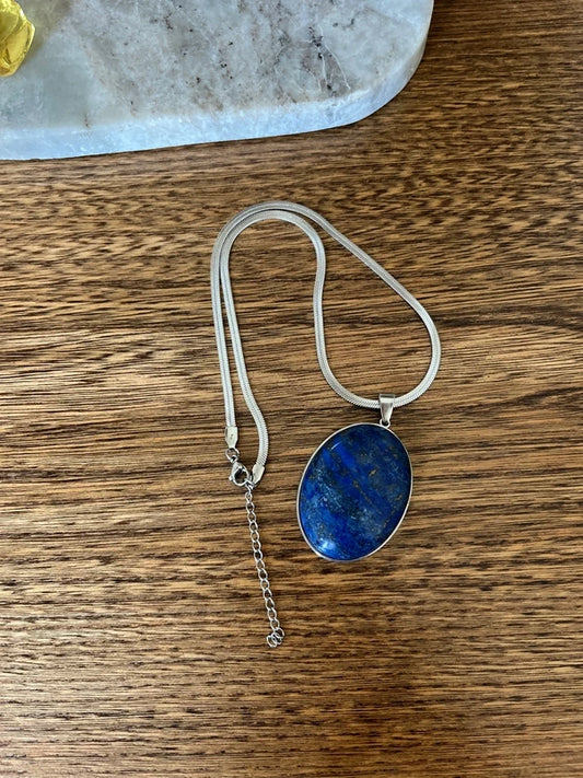 Collier Lapis Lazuli 5A Cabochon 30x40 mm Chaîne Serpent Argentée | Grosse Pierre Premium | 40 cm