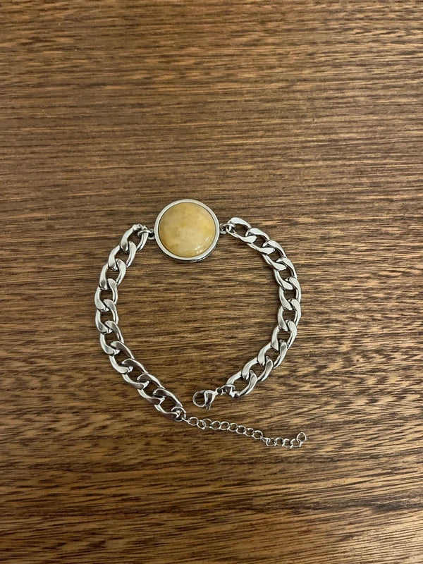 Bracelet Gourmette Ambre Jaune Naturel Cabochon 20 mm | Acier Inoxydable | Anti-Inflammatoire Lithothérapie