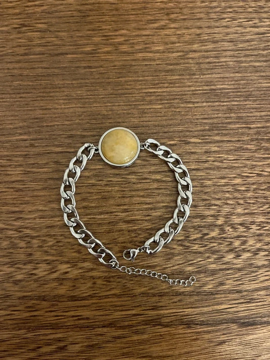 Bracelet Gourmette Ambre Jaune Naturel Cabochon 20 mm | Acier Inoxydable | Anti-Inflammatoire Lithothérapie