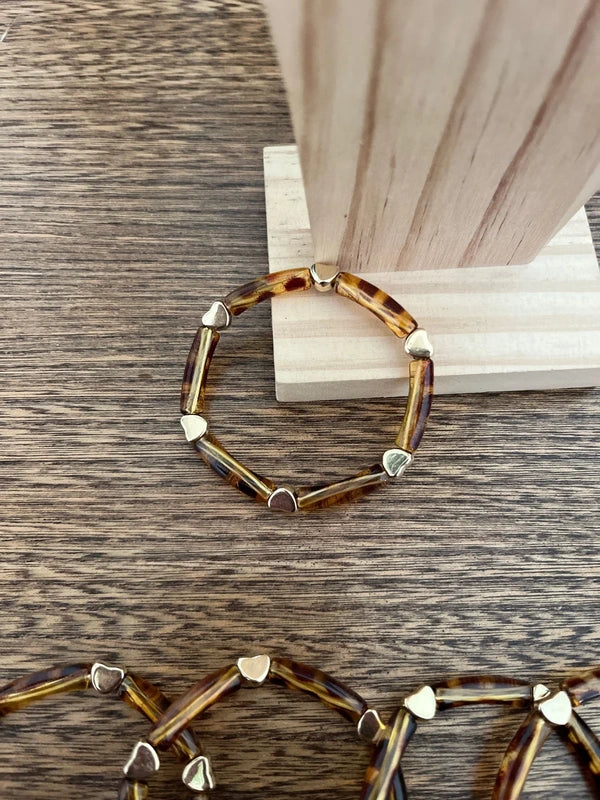 Bracelet Élastique Imprimé Léopard Cœurs Dorés | Fin & Tendance | Style Animal Print 14-16,5 cm