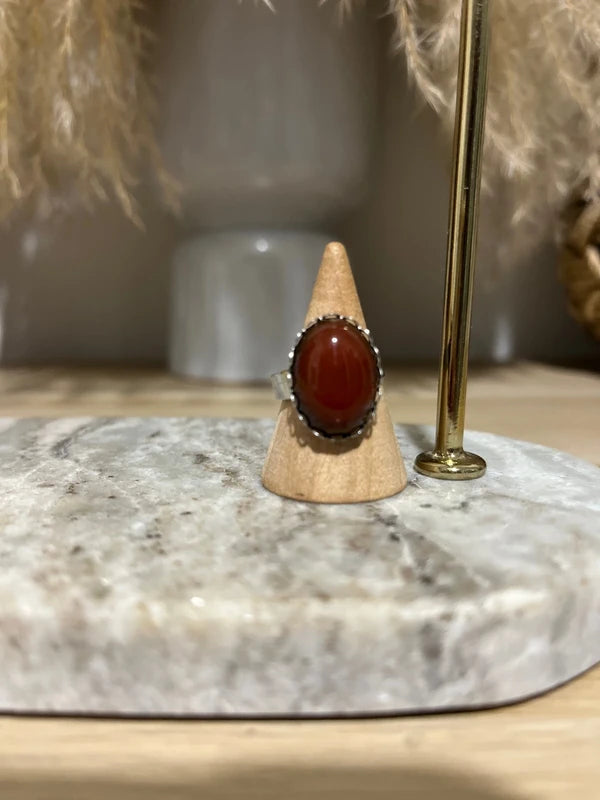 Bague Argentée Ajustable Agate Rouge Monture Vintage | Anti-Stress Estime de Soi | Pierre 13x18 mm