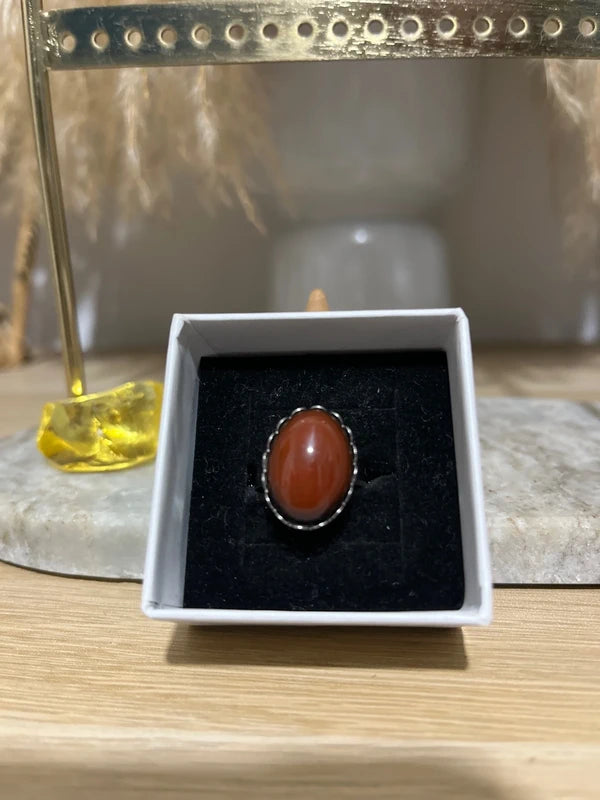 Bague Argentée Ajustable Agate Rouge Monture Vintage | Anti-Stress Estime de Soi | Pierre 13x18 mm