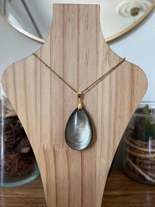 Collier Obsidienne Dorée | Chaîne Perlée Dorée | Pierre Protectrice Introspection Lithothérapie 40 cm