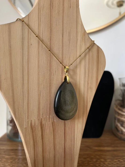 Collier Obsidienne Dorée | Chaîne Perlée Dorée | Pierre Protectrice Introspection Lithothérapie 40 cm
