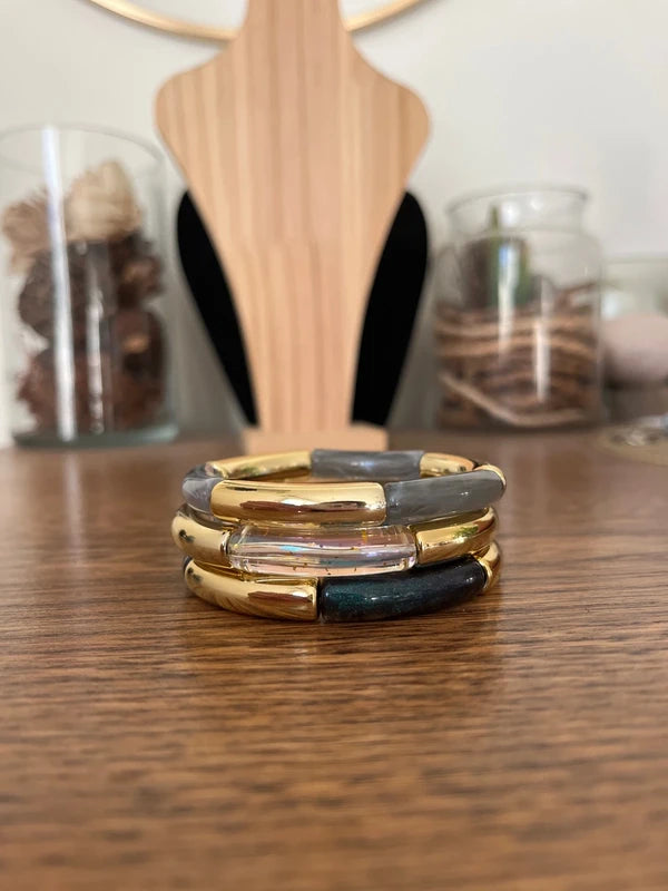 Trio Bracelets Élastiques Perles Tubes Incurvées À Superposer | Gris Transparent Bleu Pailleté Doré | 18 cm