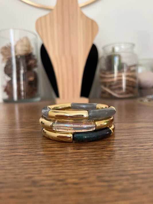 Trio Bracelets Élastiques Perles Tubes Incurvées À Superposer | Gris Transparent Bleu Pailleté Doré | 18 cm