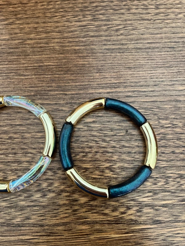Trio Bracelets Élastiques Perles Tubes Incurvées À Superposer | Gris Transparent Bleu Pailleté Doré | 18 cm