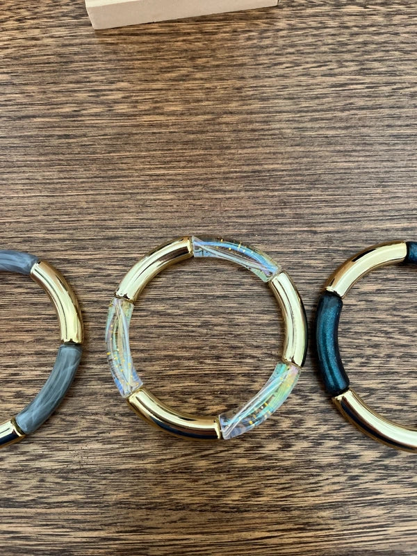 Trio Bracelets Élastiques Perles Tubes Incurvées À Superposer | Gris Transparent Bleu Pailleté Doré | 18 cm