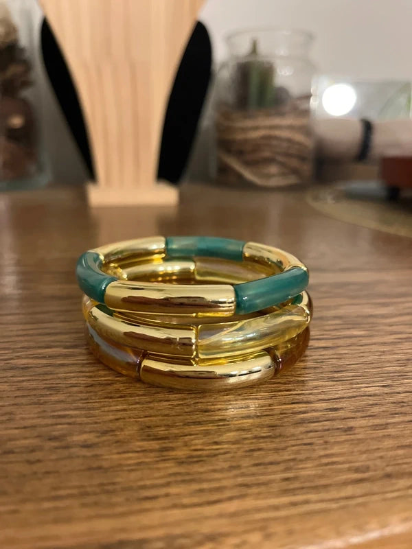 Trio Bracelets Élastiques Perles Tubes Incurvées À Superposer | Orange Vert Doré Bohème | 18 cm