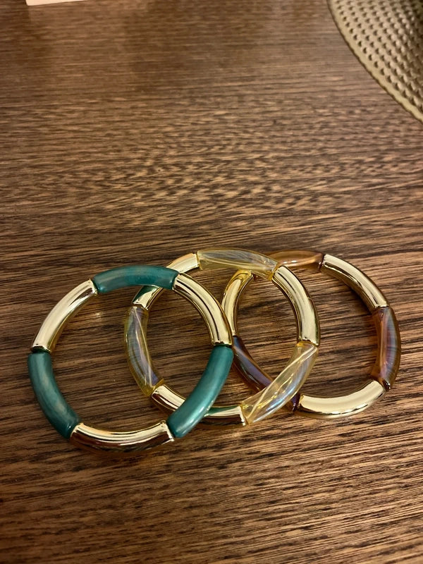 Trio Bracelets Élastiques Perles Tubes Incurvées À Superposer | Orange Vert Doré Bohème | 18 cm