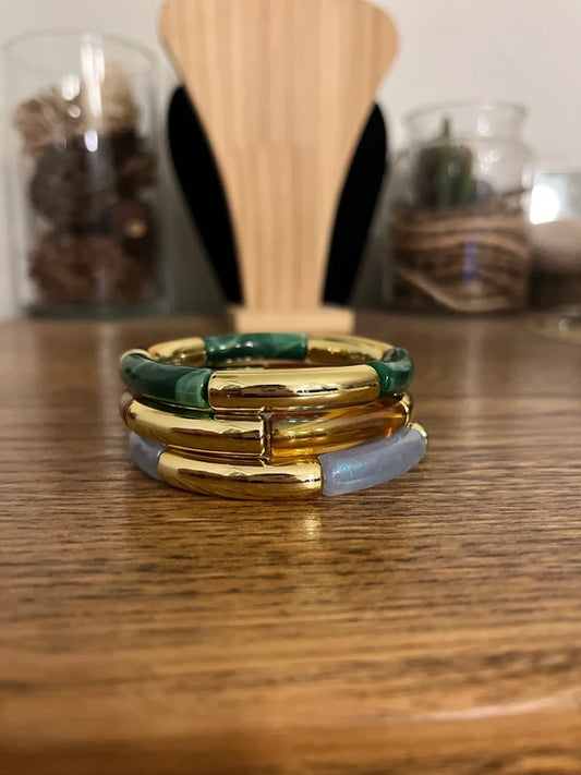 Trio Bracelets Élastiques Perles Tubes Incurvées À Superposer | Orange Bleu Ciel Vert Doré | 18 cm