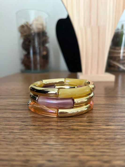 Trio Bracelets Élastiques Perles Tubes Incurvées À Superposer | Orange Violet Jaune Doré | 18 cm